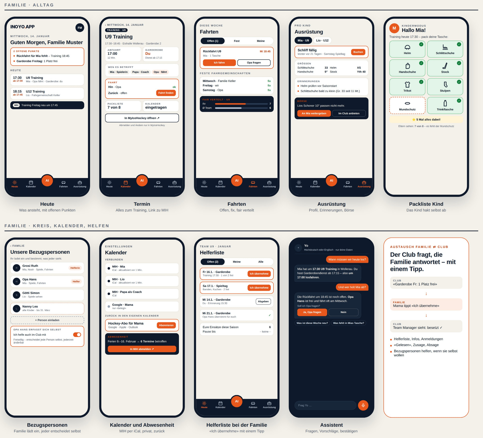 Zehn Screens der INOYO.APP für Familien
